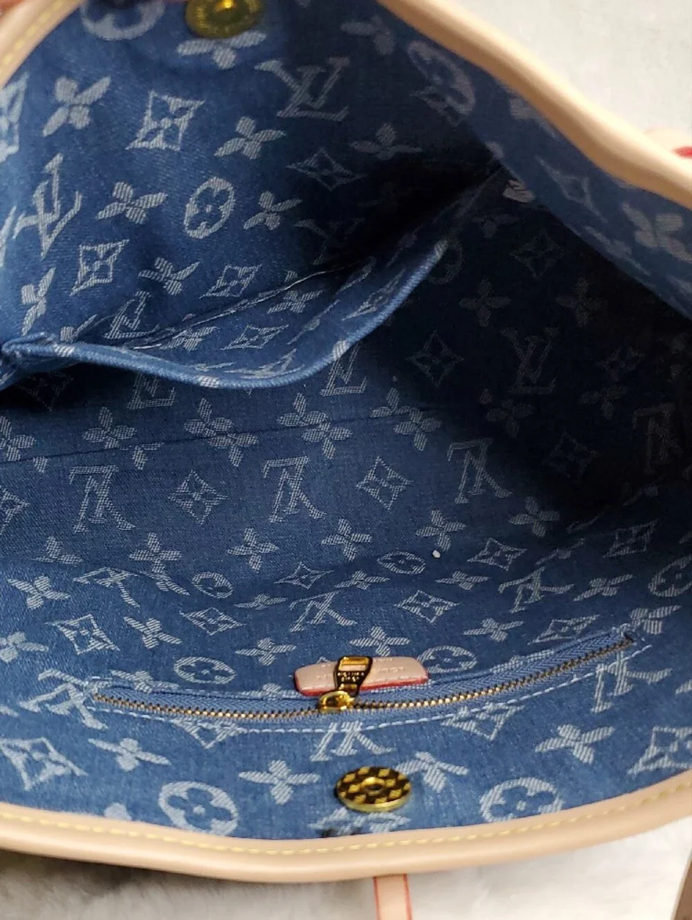 Blue Monogram Denim Shoulder Bag with Beige Trim